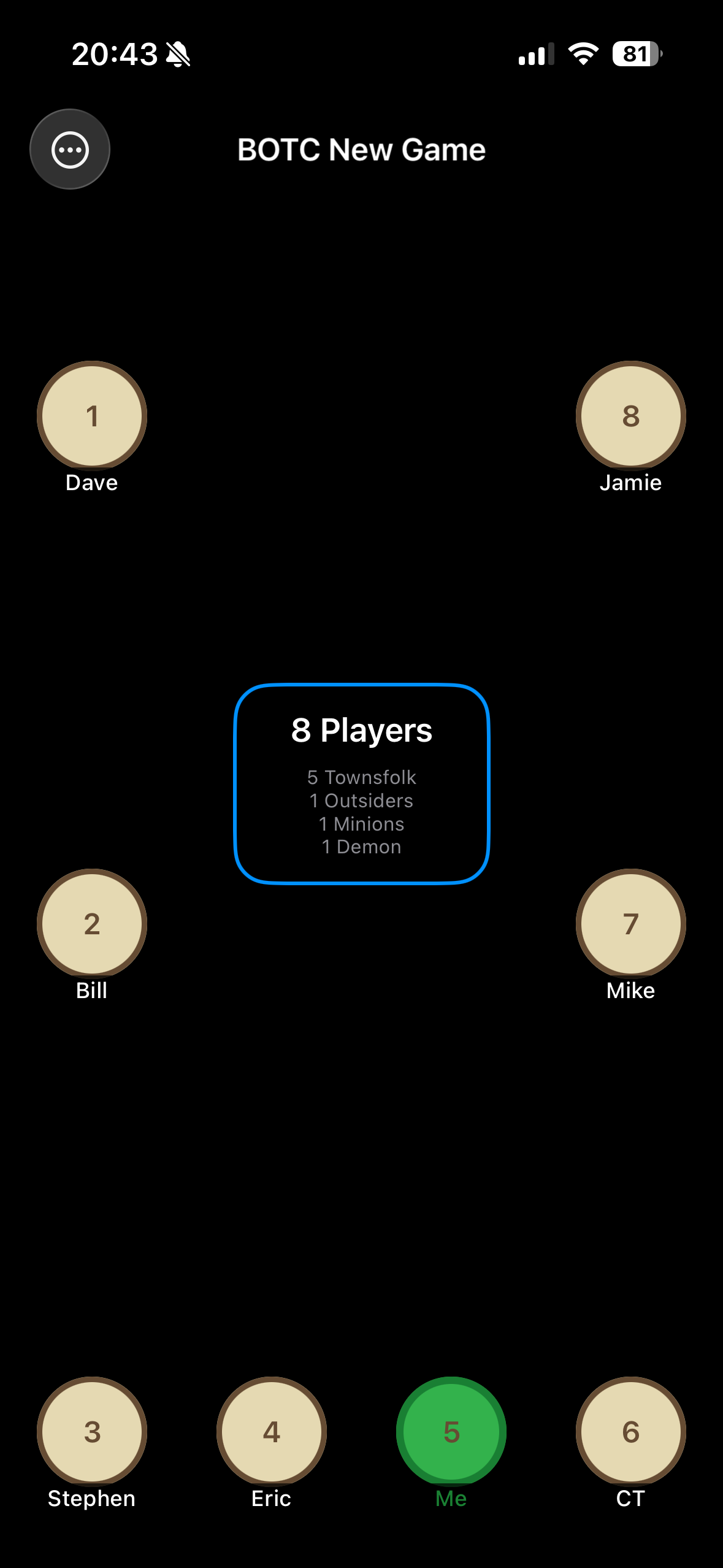 Circle layout view with players arranged in horseshoe formation