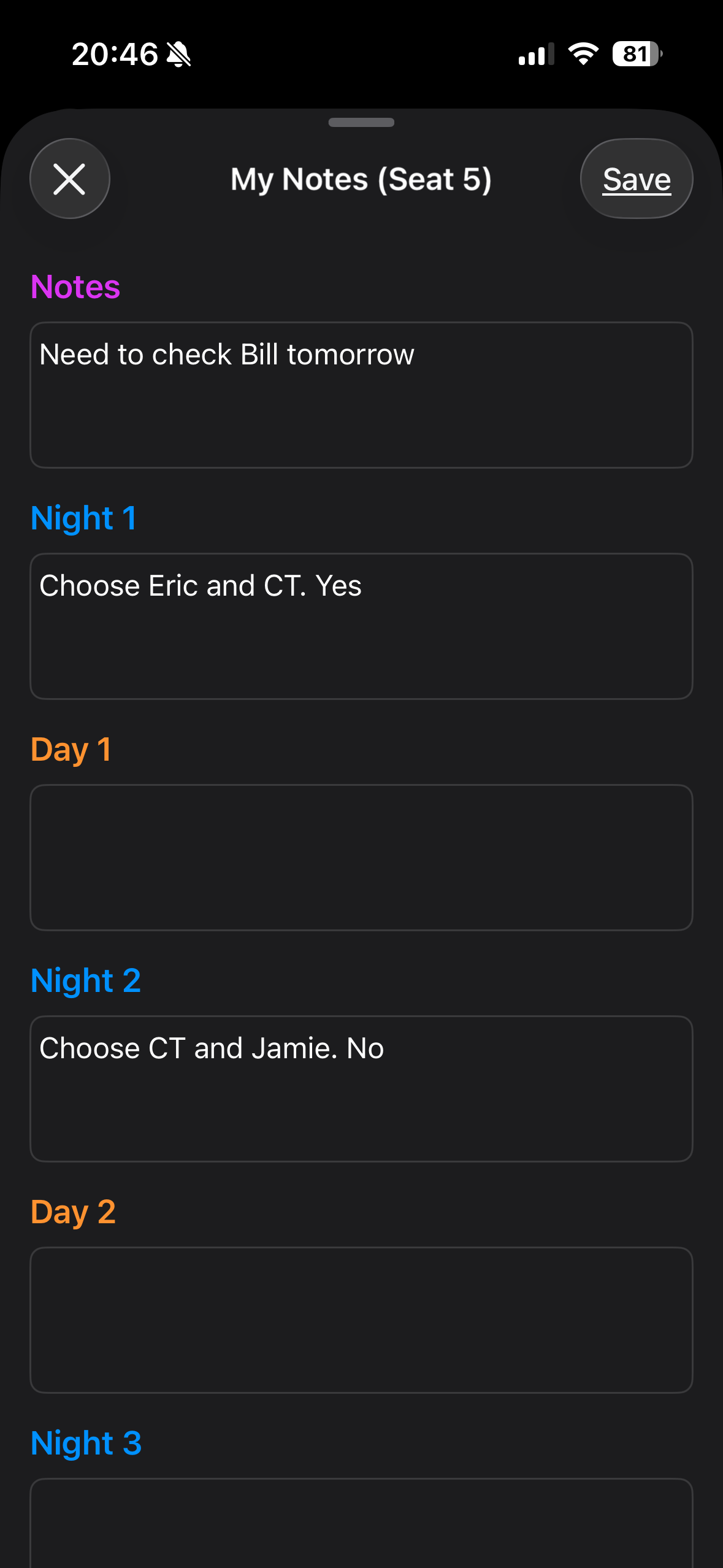 Personal view showing multi-day notes system